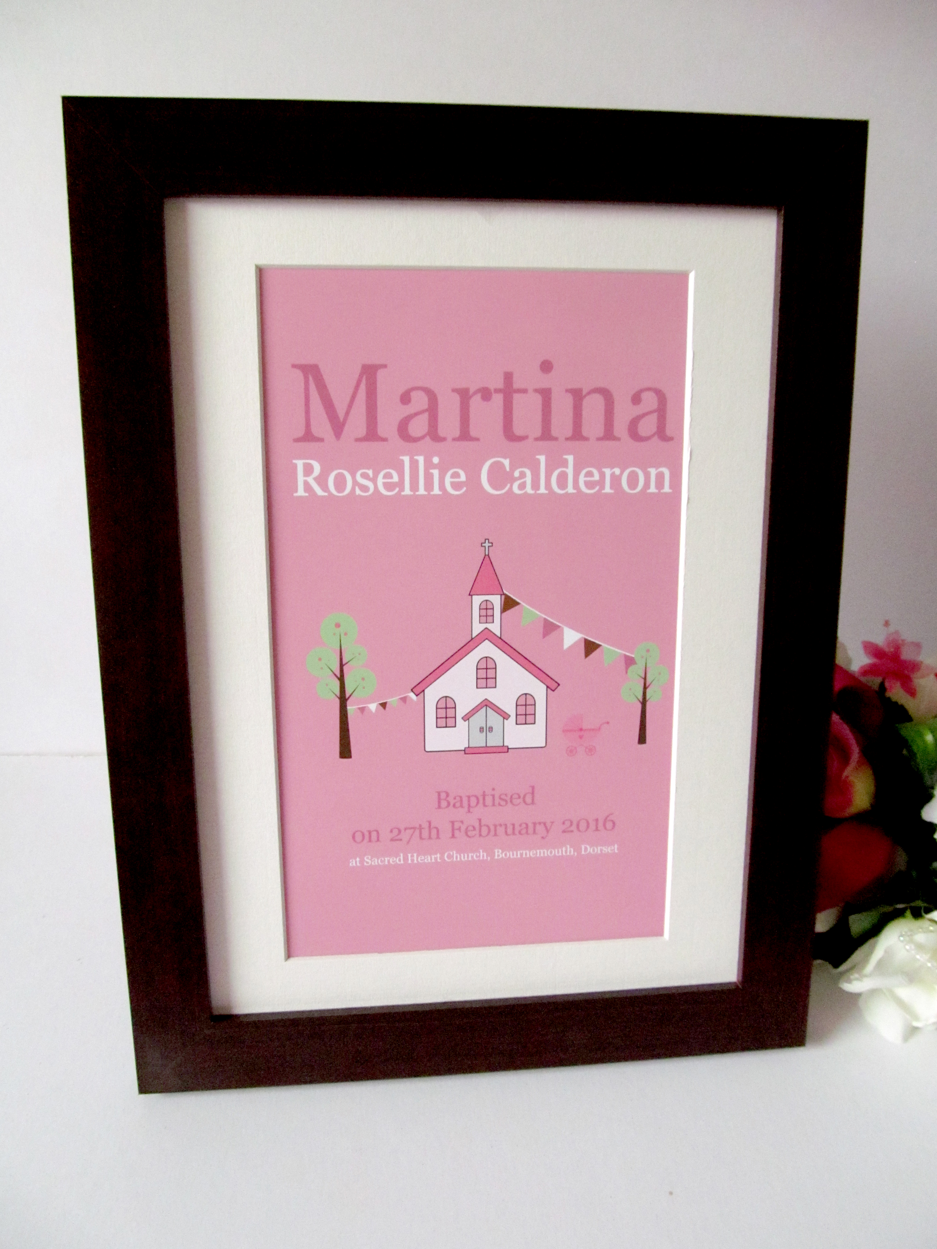 Framed Print Christening Naming Day Black Frame Mounted Print Personalised Church Pink Blue Multi Coloured