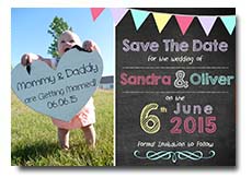 Save the Date Cards Wedding Invites Invitations Chalk Board Bunting Photo Child Announcement Pink Blue Green Yellow Shabby Chic Vintage